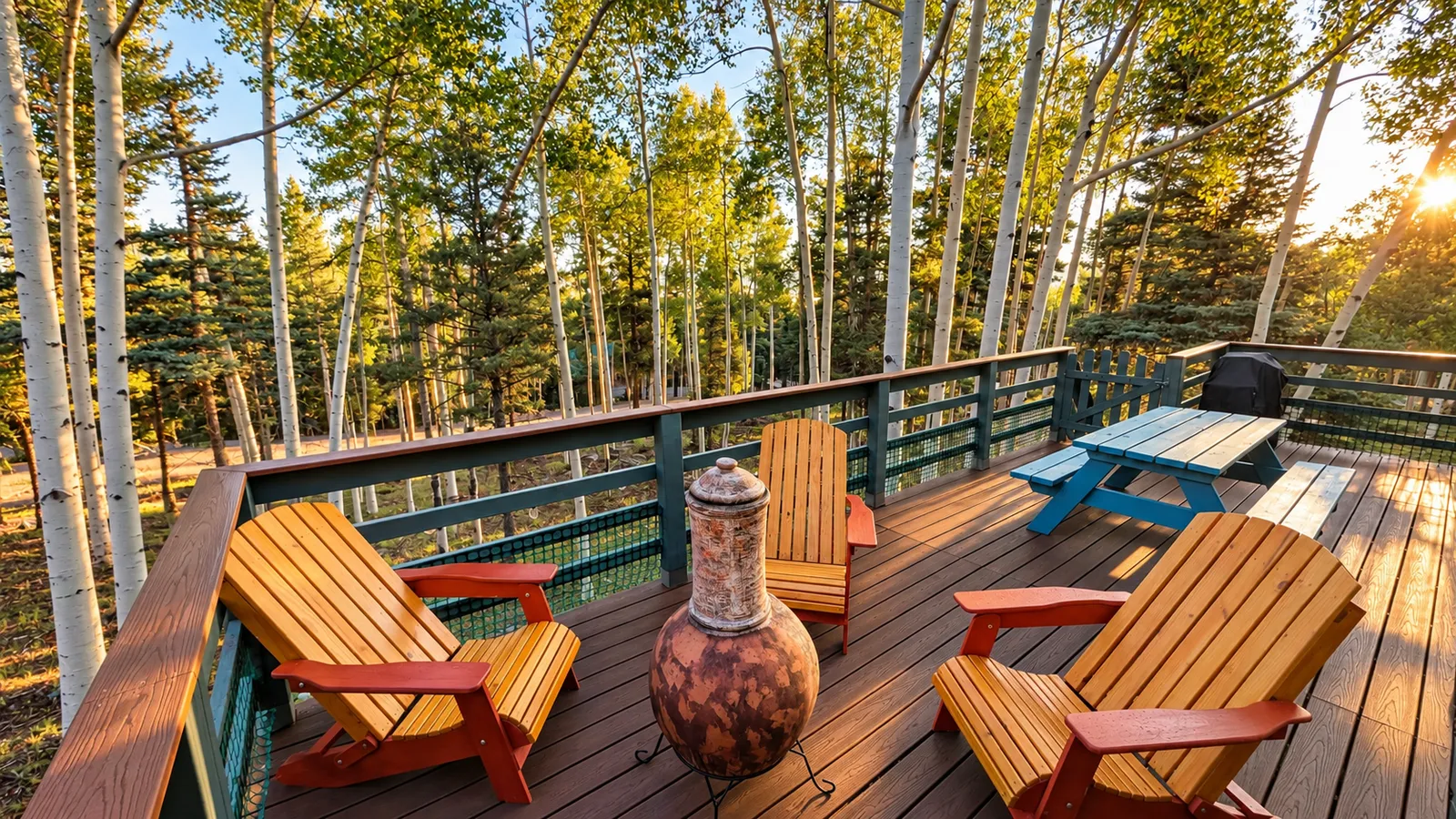 Chiminea and Adirondack chairs on the deck