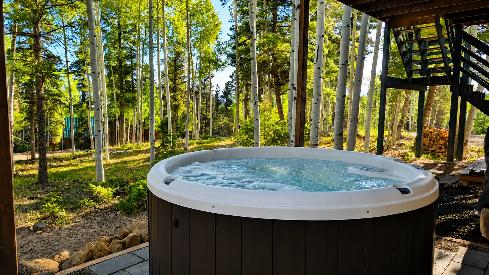 Hot tub looking out on summer aspens